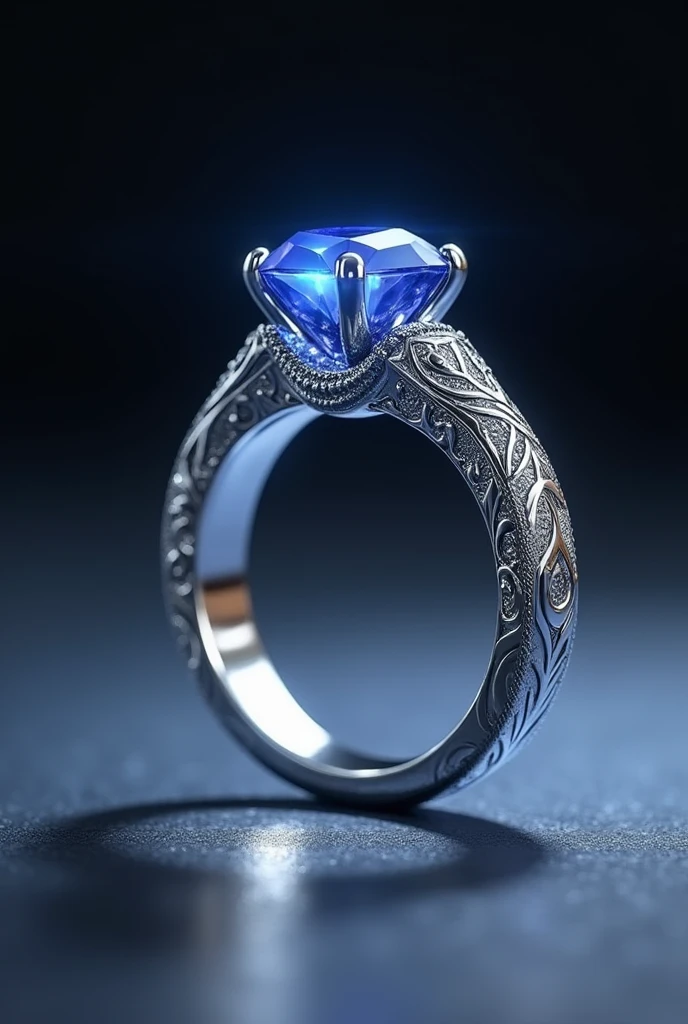 a beautiful detailed silver wedding ring with a blue sapphire diamond, the ring is thin and the diamond is not embedded, intricate engraved patterns, glowing inner light, ethereal atmospheric lighting, extremely detailed, 8k, photorealistic, studio lighting, physically-based rendering, vibrant colors, cinematic composition
