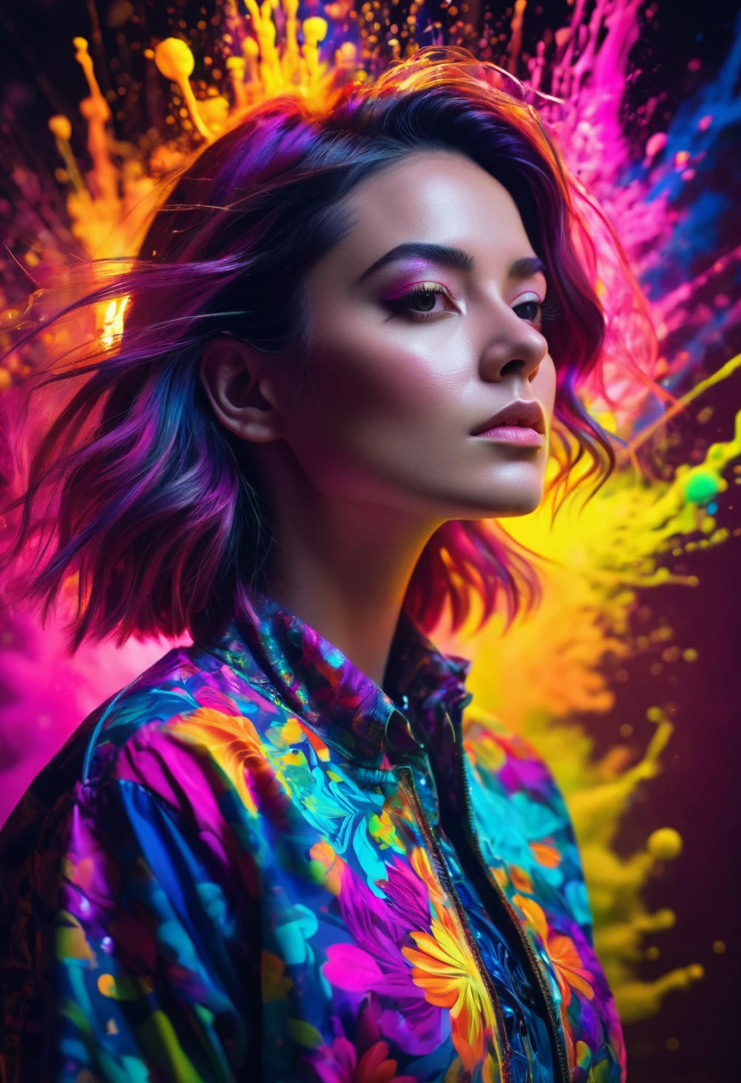 (close), Portraiture,woman  Portraiture, (alone), masterpiece, Highest quality, Clothes with strong contrast, psychedelic, [[[lsd]]], particle, bloom, Neon lighting, (Shine), Flat Color, Splashes of color, Mixing colors