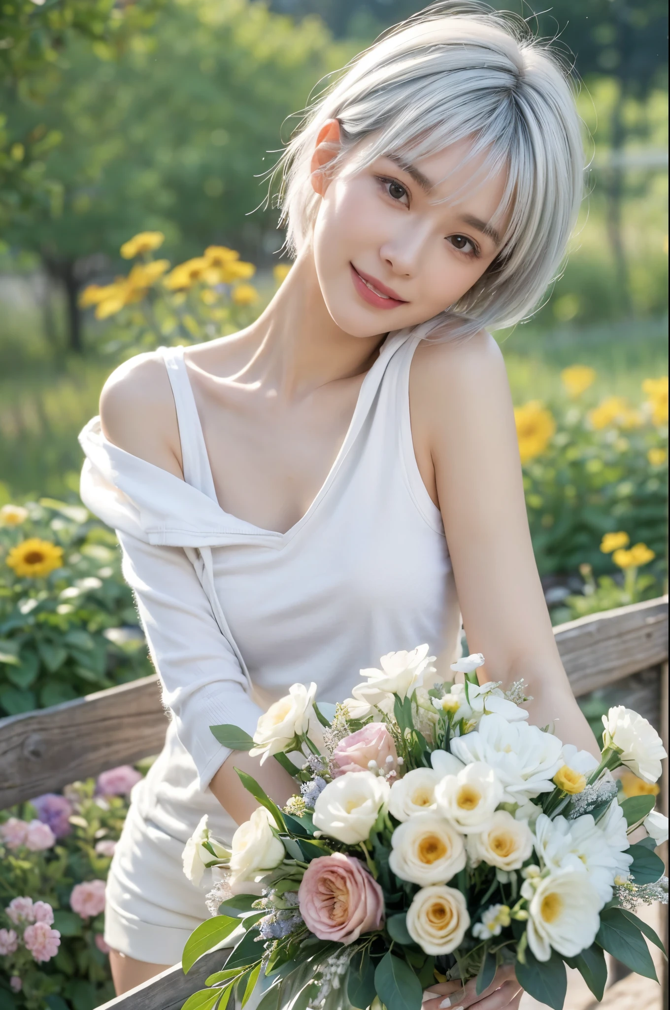 With many bouquets、masterpiece, Highest quality, Very detailed, 8k, Realistic, One Girl, alone, Tomboy, Very detailed face, (head shot:1.5), Standing in a field of colorful flowers, Pixie cut white hair, Wearing a large tank top, Wearing an off-the-shoulder hoodie,I can see your chest,Nice ass, smile, LOL