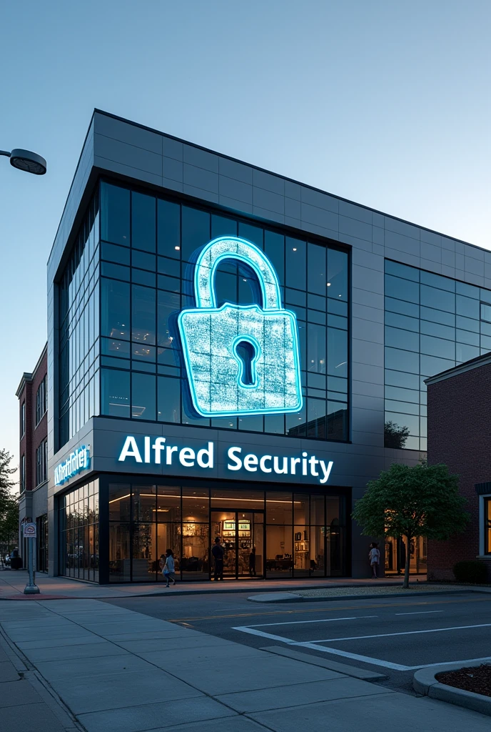 A large two-story company with a closed padlock design on the front that says= "Alfred segurity", American construction and architecture, with the first and second floor glazed, the company is a technology company, "Alfred segurity 🔒"