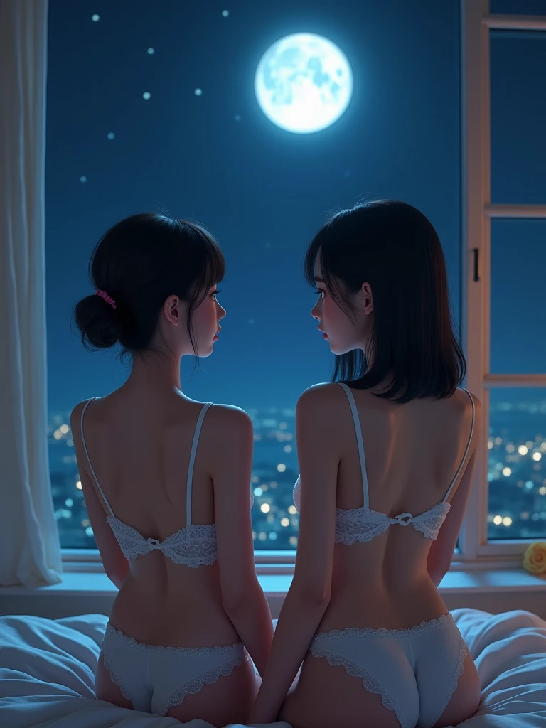 real photograph, (Top image quality, 8k, masterpiece), top-quality, 超A high resolution,2 Japan Girls,ld, pretty face, lace bra, kawaii faces, Melancholy look, double eyelid、White : 1.4、Bun hair and Bob hair、night modern room、window, Twinkliarry sky and big moon, Movie Lighting, Photorealsitic, real looking skin, NFSW, 35mm, Shot with Leica,