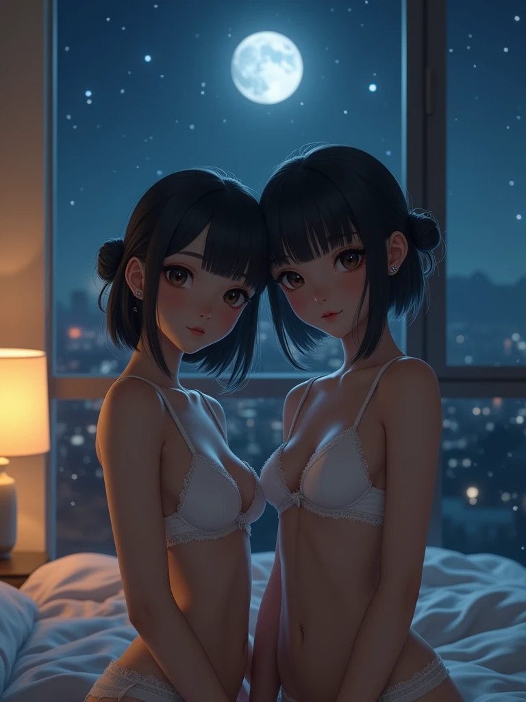 real photograph, (Top image quality, 8k, masterpiece), top-quality, 超A high resolution,2 Japan Girls,ld, pretty face, lace bra, kawaii faces, Melancholy look, double eyelid、White breasts: 1.4、Bun hair and Bob hair、night modern room、window, Twinkling starry sky and big moon, Movie Lighting, Photorealsitic, real looking skin, NFSW, 35mm, Shot with Leica,