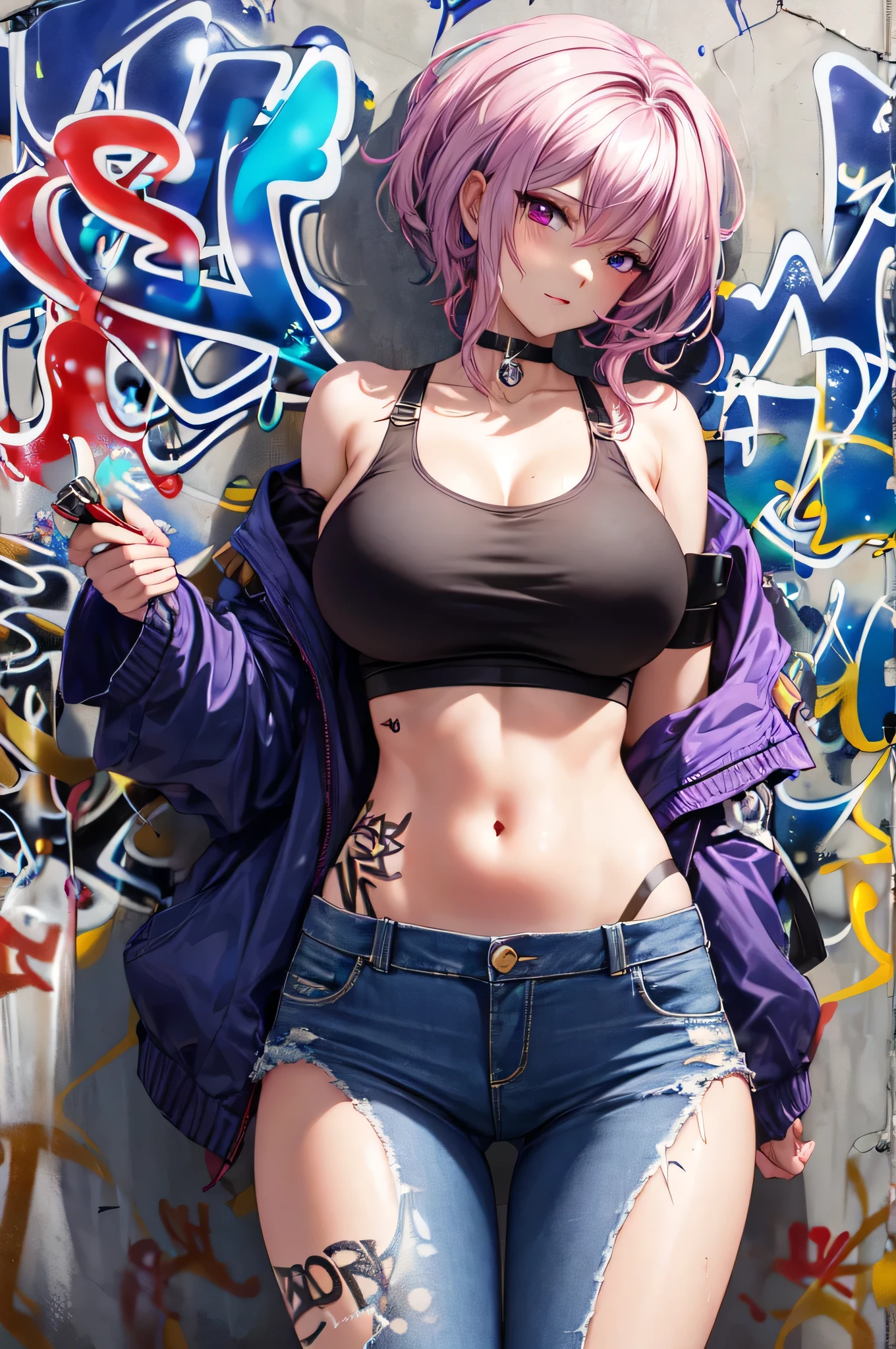 Vera|Arena of Valor, masterpiece, best quality, 1 Girl,2, It has devil-like wings on its back...., proportional body,proportional., Crop Top, Long jeans, Big Breasts, ,only, Crop Top, Necklace, (Graffiti:1.5), Splash with purple lightning pattern., Arms behind your back, Against the wall, View from the front., Thigh straps, Head tilt, boring,
