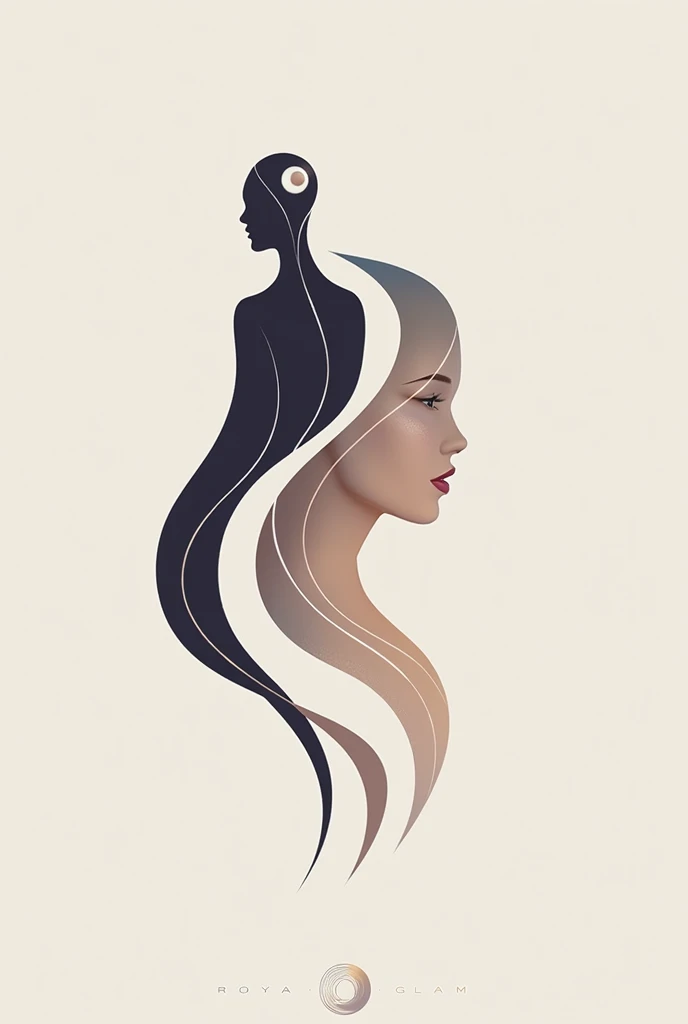 Create a logo for "Roya Glam," a modeling agency specializing in AI models. The design should seamlessly blend elements representing both human and AI models. Incorporate sleek, modern aesthetics that reflect sophistication and innovation. Consider using abstract or geometric shapes to symbolize the fusion of human beauty and advanced technology, with a color palette that exudes elegance and futuristic vibes. The logo should capture the essence of cutting-edge fashion and the seamless integration of AI in the modeling industry