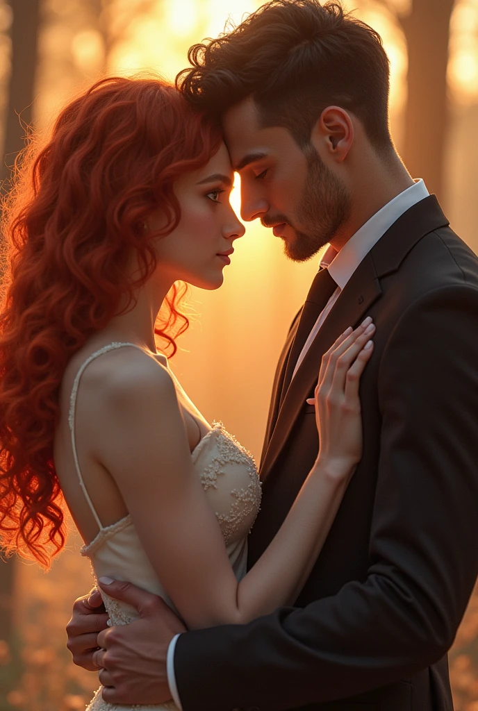 a couple, the 2 woman, Long hair, curly and reddish, grey eyes, White skin, in front of her a man, 2, White skin, athletic build, stomach 1.80, dress smart. They are hugging each other, Real photo