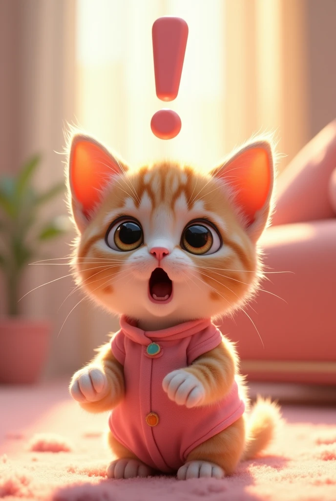 "Surprised expression、Wide Eyes、「oh!」A small AI kitten with a face like this、Wearing adorable girl's clothes。 The kitten has a shocked expression with raised eyebrows.、There's a big exclamation mark above my head.。 Like Pixar Animation、Bright colors、Smooth and rounded features、And a soft style is desirable.、