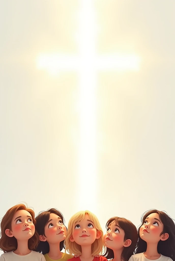 s of children represented by a small one on a white background children feeling faith at the bottom of the image small children And a cross in the shape of light at the top