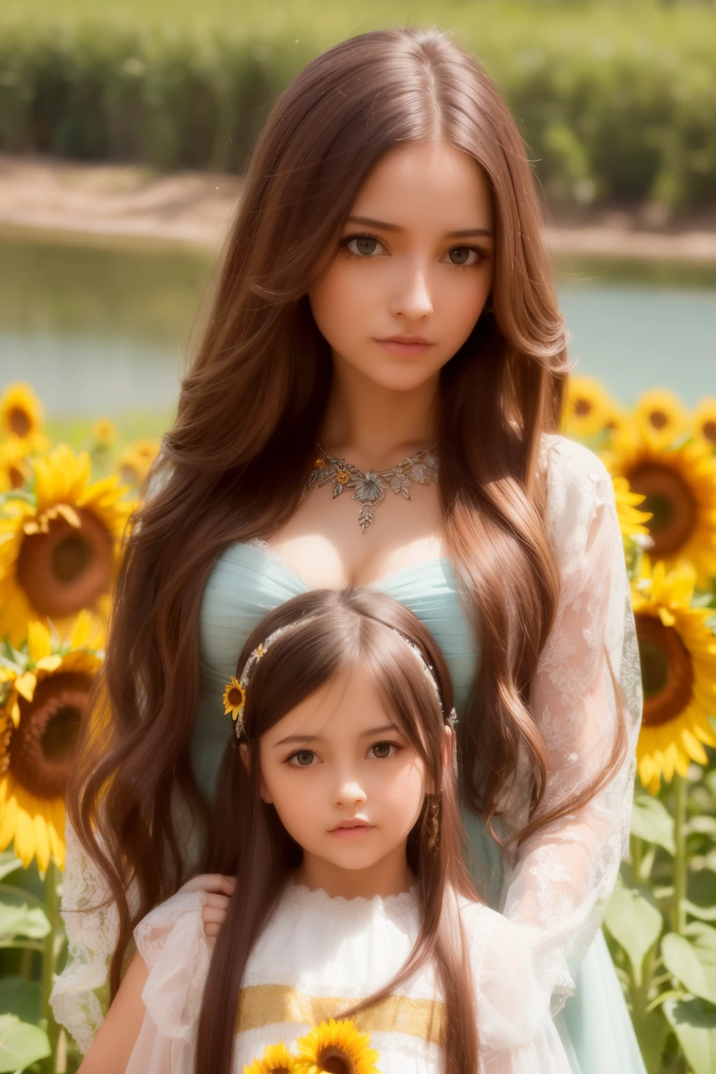 (  Absurdly , High quality , ultra detailed ) ,( hand detailed ) ,girl with her daughters,  very long hair, sunflower hair , beautiful crystal eyes ( eye detailed ) Baroque, Necklace, long dress, long sleeve, elegant, colorful, highest detailed, upper body , with the river and sunflowers