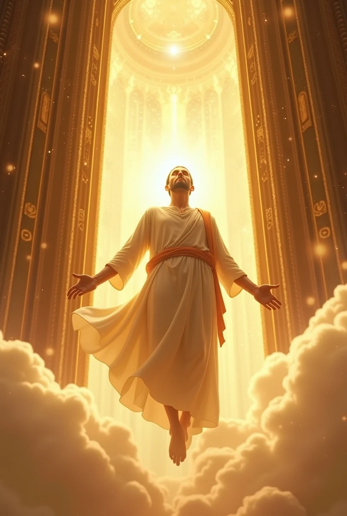 A man being taken up into heaven showing the golden heavenly portals according to the bible