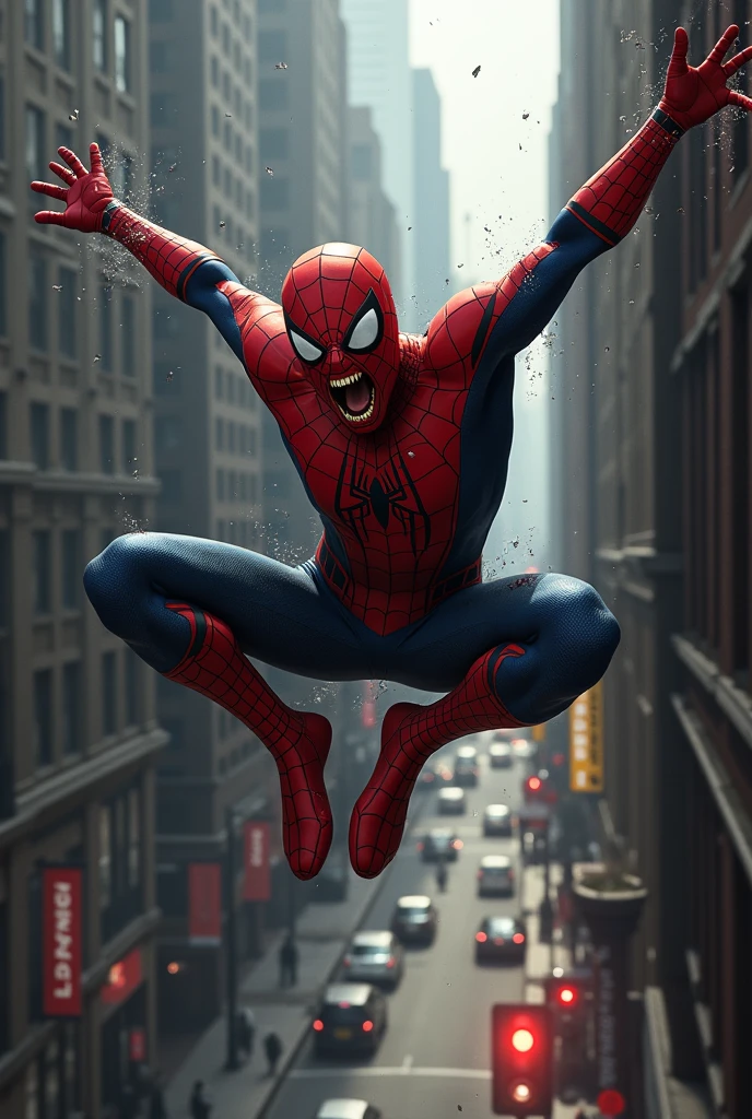 Spiderman fall at land with blood