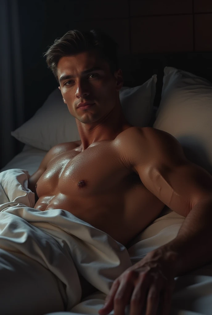 A handsome muscular male figure lying on a bed, his oiled and wet body prominently displaying his defined pecs and six-pack abs, (best quality,4k,8k,highres,masterpiece:1.2),ultra-detailed,(realistic,photorealistic,photo-realistic:1.37),chiseled facial features,extremely detailed eyes and face,longeyelashes,dramatic lighting,cinematic lighting,moody lighting,dramatic shadows,hyperrealistic,incredibly detailed musculature,glistening skin,veiny arms,strong jawline,bedroom scene,satin sheets,sensual pose, wearing a speedo