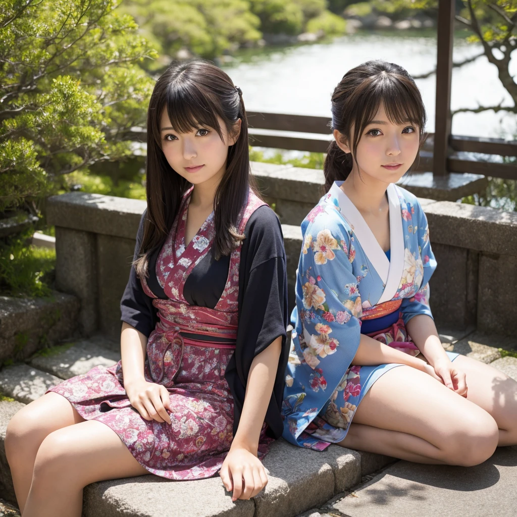 Japan Girls、sitting with one's feet up on a park bench、Wearing cute little summer clothes、Actual photo、High resolution, masterpiece, Accurate, Anatomically correct, 最高quality, Attention to detail, High resolutionモデル, 高quality, quality, Very detailed, Textured skin, 超High resolution, smile, 8k octane,