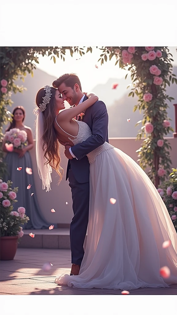 They hugging at their wedding