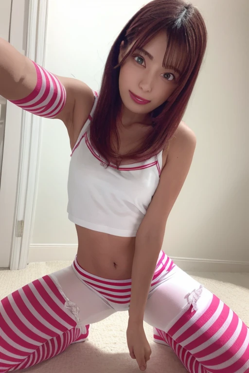 One girl, Beautiful woman Pink and white horizontal striped knit tank Pink and white horizontal striped panties, skinny, Perfect body, Golden Hair, Bedroom with white walls, Highly detailed face, Beautiful Eyes, Beautiful Lips, double eyelid, A shy smile, Shorn bangs, Sunburned skin, Pubic Hair Tips, (Highest quality, 8k, masterpiece:1.3), front and full body shot, Pussy Line, Positive, Spread your legs wide、Pose that emphasizes the crotch