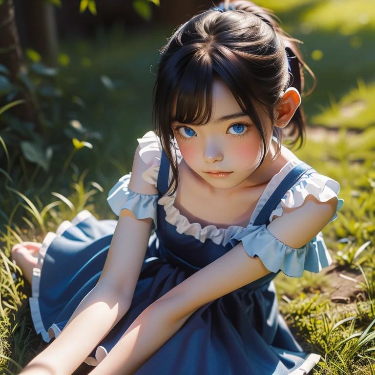 young girl, purlpe hair on ponytails, big blue color eyes, wearing one piece yellow dress, red snickers, sitting on grass laying head on knees, holding her legs