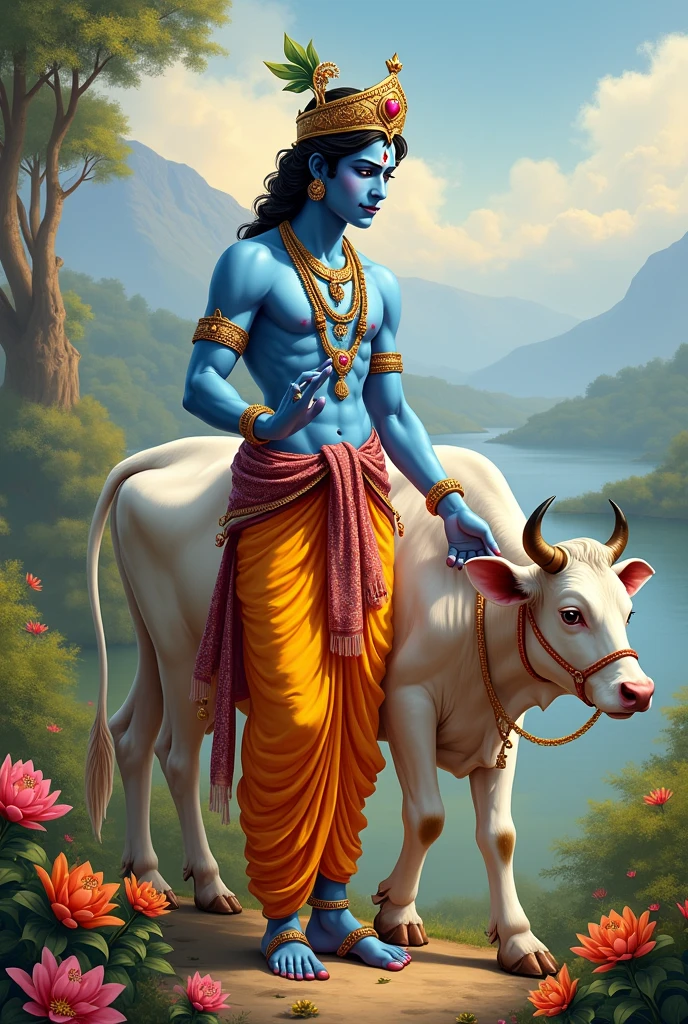 Create the image lord Krishna with cow