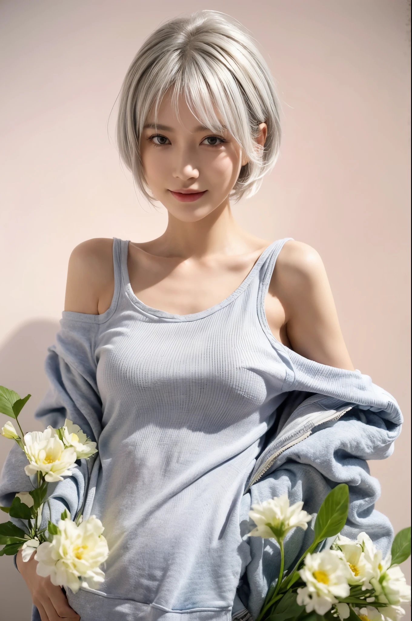 With many bouquets、masterpiece, Highest quality, Very detailed, 8k, Realistic, One Girl, alone, Tomboy, Very detailed face, (head shot:1.5), Standing in a field of colorful flowers, Pixie cut white hair, Wearing a large tank top, Wearing an off-the-shoulder hoodie,I can see your chest,Nice ass, smile, LOL