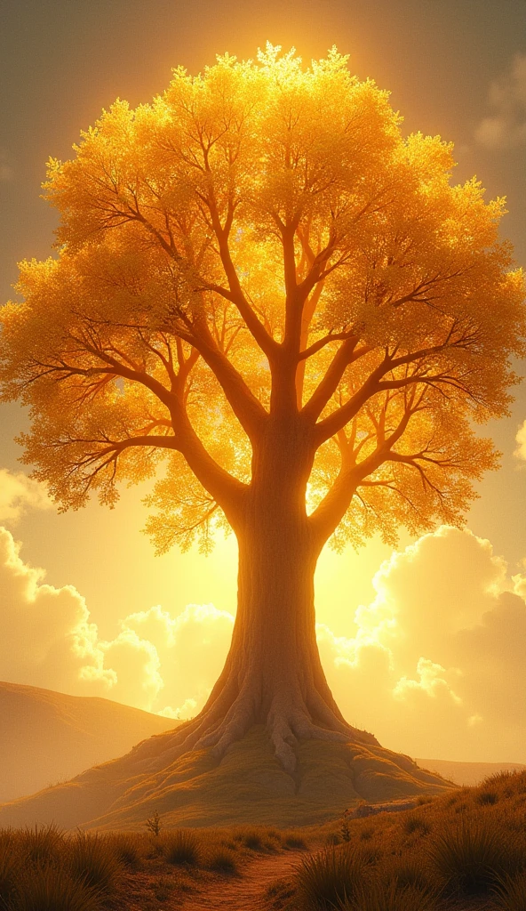 Above the sky is a huge golden colored tree with each of its leaves shining brightly