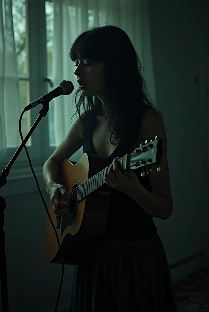 Girl playing guitar and singing sad , dark environment