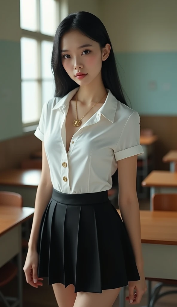Beautiful girl with smooth skin, black hair, dark eyeshadow, gold pendant (beautiful bra, C shape), wearing a Thai student uniform, a white short-sleeved shirt, a black short skirt, a tight fit, standing and posing in a classroom. The background is a classroom, student desks and chairs. The most realistic picture.