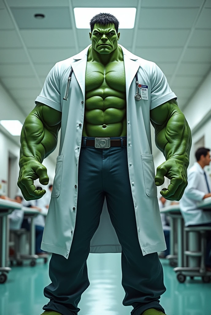 Imagine Hulk as a Doctor in Side Hospital, Wide Angle View, full shirt doctor clothes