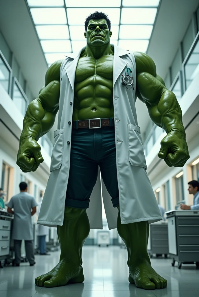 Imagine Hulk as a Doctor in Side Hospital, Wide Angle View, full shirt doctor clothes