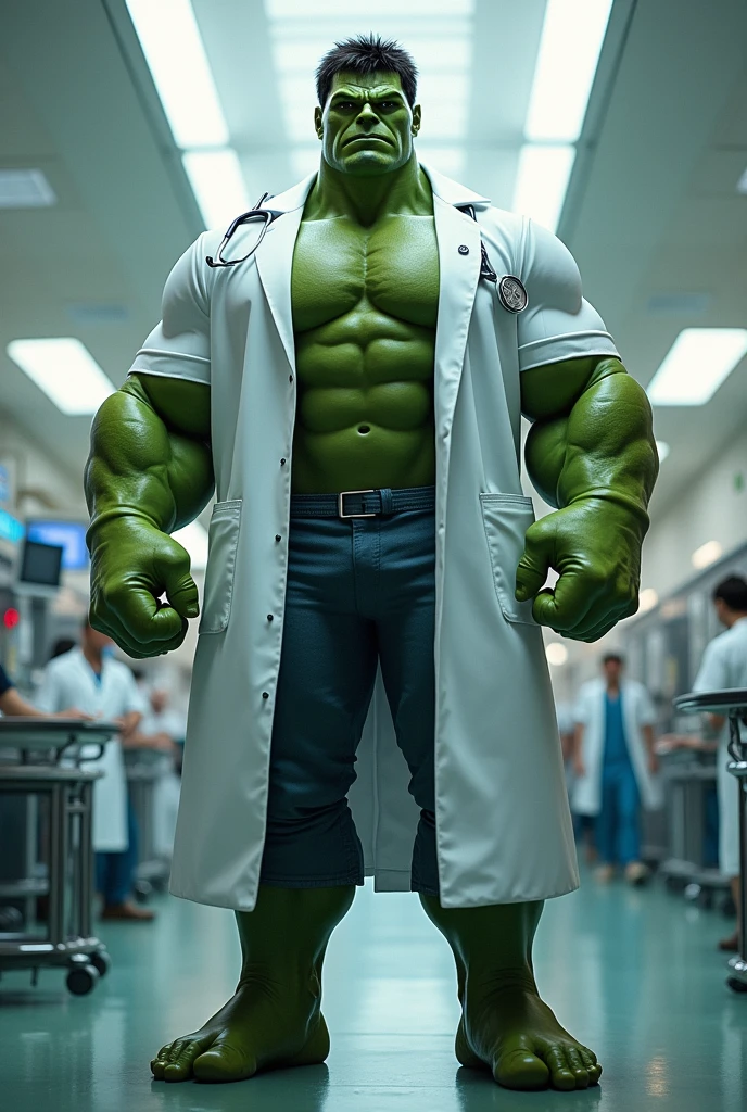 Imagine Hulk as a Doctor in Side Hospital, Wide Angle View, full shirt doctor clothes