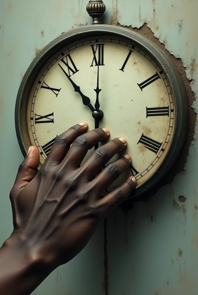 An African hand trying to grasp a slipping clock minute hand, illustrating their attempt to slow down or redeem time.