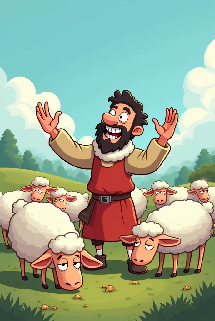 Sad sheep for being thrown out by the shepherd who is very happy to expel it from the flock cartoon version