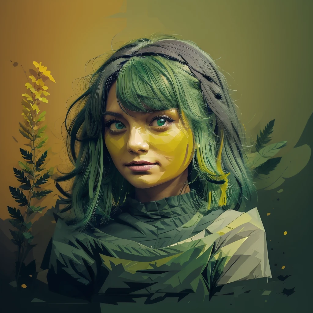 art, 2D, mostly using color code dark green and mustard palette, dark gray green, dark green mustard pastel color, using very little dark green warm colors with tonal combination With green and mustard color, dark gray green