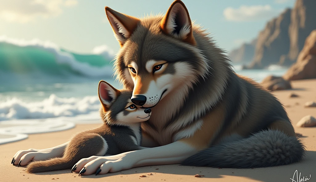 Finally, they made it back to the shore. Bella pulled Luna onto the sand, both of them drenched and panting from the ordeal. Bella nuzzled Luna, licking the saltwater from her fur, checking to make sure she was unharmed. Luna shivered but was safe, comforted by her mother’s warmth and bravery.