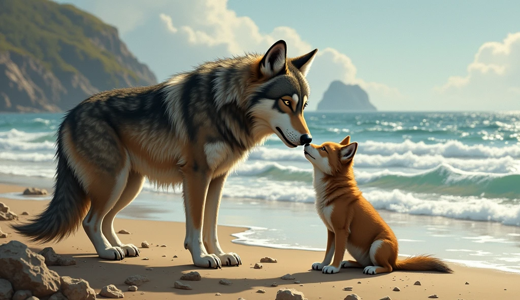 Finally, they made it back to the shore. Bella pulled Luna onto the sand, both of them drenched and panting from the ordeal. Bella nuzzled Luna, licking the saltwater from her fur, checking to make sure she was unharmed. Luna shivered but was safe, comforted by her mother’s warmth and bravery.