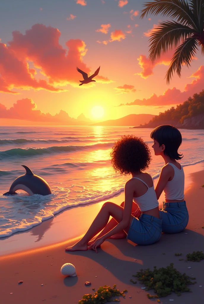 Two girls sitting on the shore of the beach while the water touches their feet and a sunset in the background and the girls chat, and they are laughing, one with curly hair in the middle and another with very short straight hair, That the curly one is called Belén and the smooth one María and that there is a dolphin jumping in the seabed and a bird passing by leaving them a shell and that there is a seaweed at their feet and that it is realistic