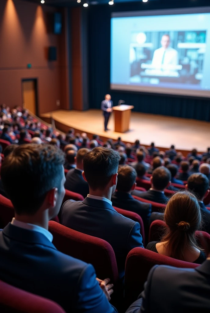 (photorealism:1.2), Watching a business conference in an auditorium full of people.