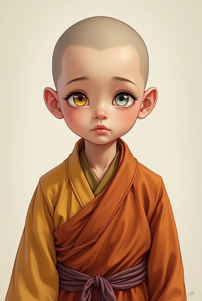 Create an illustration of a 9 yr old cute bald boy in monk attire where one of his eye is golden and another one is silver in colour realistic 
