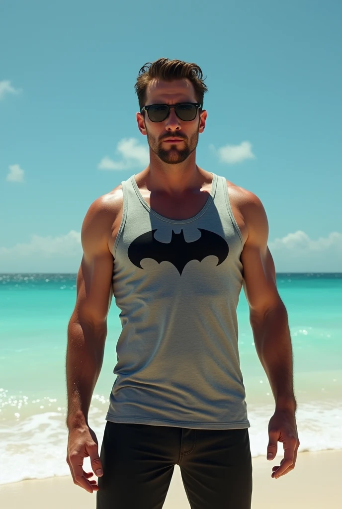 Christian Bale wearing a black Batman logo grey tank and black sunglasses at a caribean beach day time blue sky