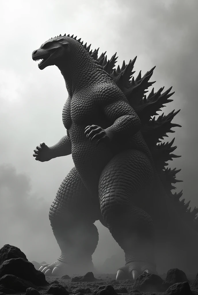 Create a art of godzila black and white image for 3d