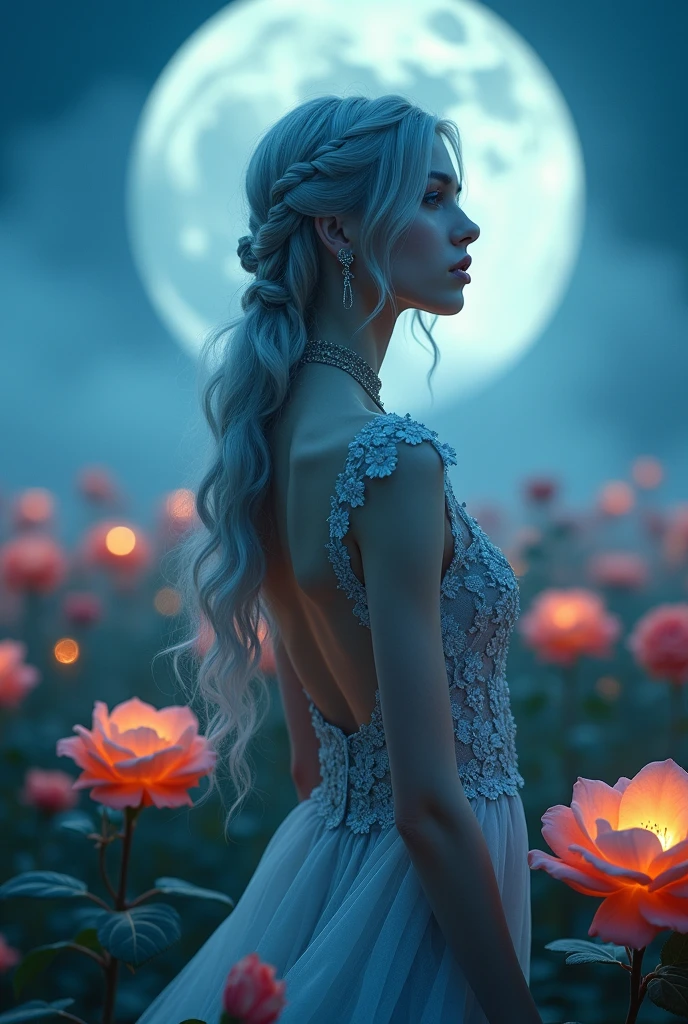 photo by Fujifilm GA645, 45mm lens F/ 1.7 aperture ,beautiful woman, standing in field of colorful glowing roses, long, wavy silver-gray hair adorned with intricate braids ,Her dress consists of an elaborate light gray lace dress with intricate floral embroidery, The background features a massive, luminous full moon dominating the upper center of the image, casting a warm, blue glow across the scene creating a surreal ,8k, photorealistic, trending on ArtStation .by Galr Dfh