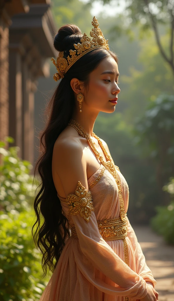 A stunning depiction of Kadita, the beautiful princess and daughter of King Prabu Siliwangi from the Pakuan Pajajaran kingdom. She is dressed in an elegant traditional royal Javanese gown, adorned with intricate gold jewelry. Her face is serene, with soft features and a regal expression, her long dark hair flowing gracefully. She stands in the midst of a lush royal garden, with ancient Javanese architecture in the background. The lighting is bright and heavenly, highlighting her beauty and royal stature. The scene is hyper-detailed, ultra-sharp, 8K, and UHD.