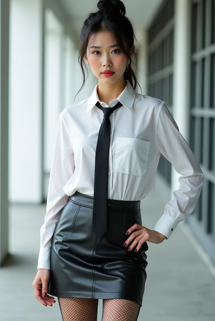 Young asian woman in her 20's, wearing shirt, tie, tight leather skirt and fishnet tights