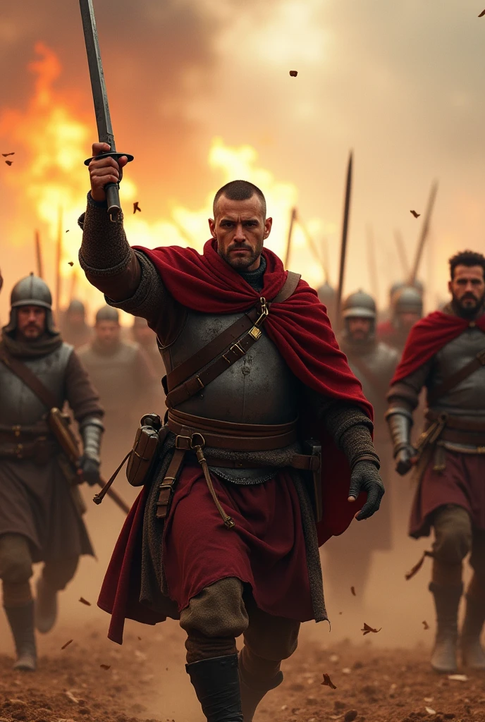 Medieval mercenary squad of 200 people led by a 2 man, He has short hair with shaved sides, Spanish nationality, He is raising a sword to the sky, He is right-handed, None of them have a cape on their uniform, realistic image, There is movement, They are on a battlefield, They are running, there is fire behind, you see dust rising, small flying wood splinters