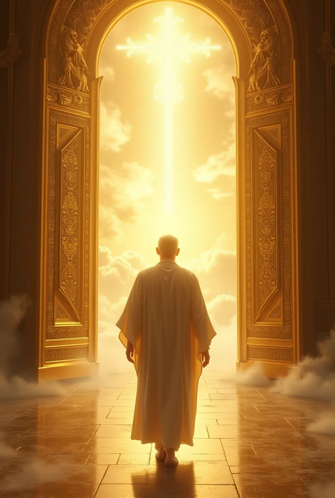 A man entering heaven showing the golden heavenly portals according to the bible