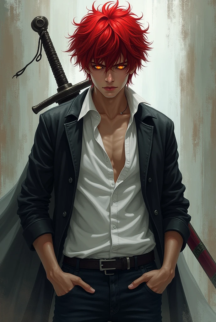 handsome boy with bloody red short messy hair, white shirt, black jean, sword on his back, black jacket, yellow red eyes.