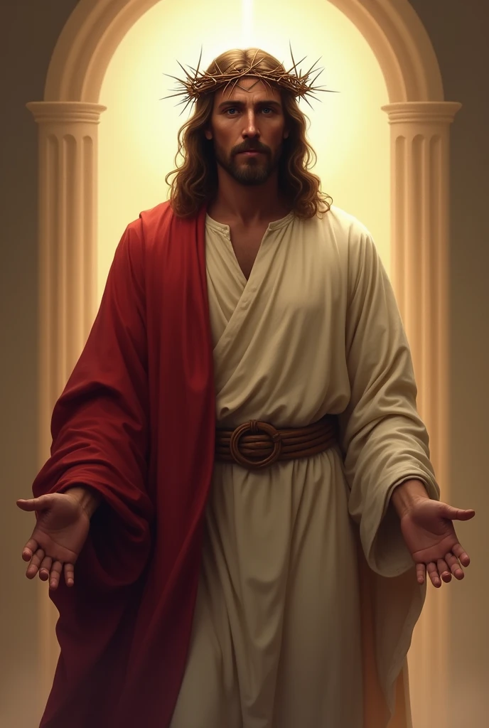 Jesus looking ahead, with a towel covering your hips and legs, with a red cape covering his upper body, a crown of thorns and a light coming out behind his head