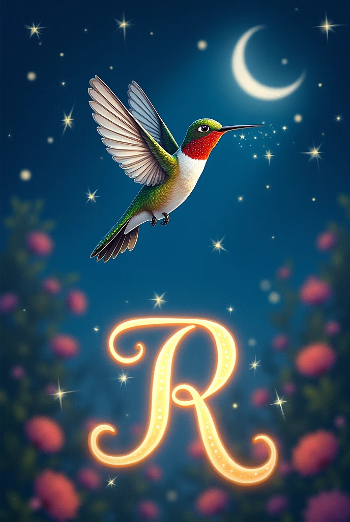 A picture of a flying hummingbird. Write the letter R at night with the stars shining in the background