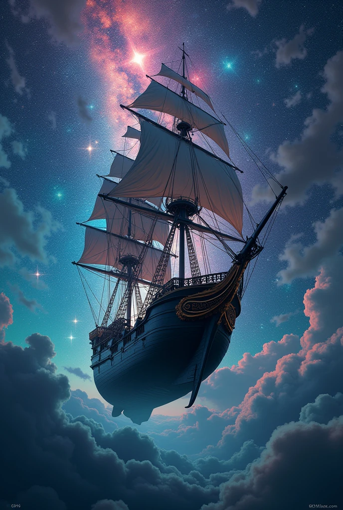 realistic photo of portuguese black ship floating in middle of starring sky, celestial, sky of colorful stars, fantasy theme, cinematic lighting, vibrant lighting