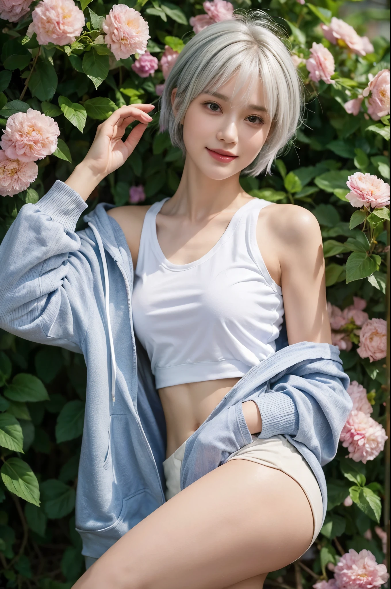 With many bouquets、masterpiece, Highest quality, Very detailed, 8k, Realistic, One Girl, alone, Tomboy, Very detailed face, (head shot:1.5), Standing in a field of colorful flowers, Pixie cut white hair, Wearing a large tank top, Wearing an off-the-shoulder hoodie,I can see your chest,Nice ass, smile, LOL