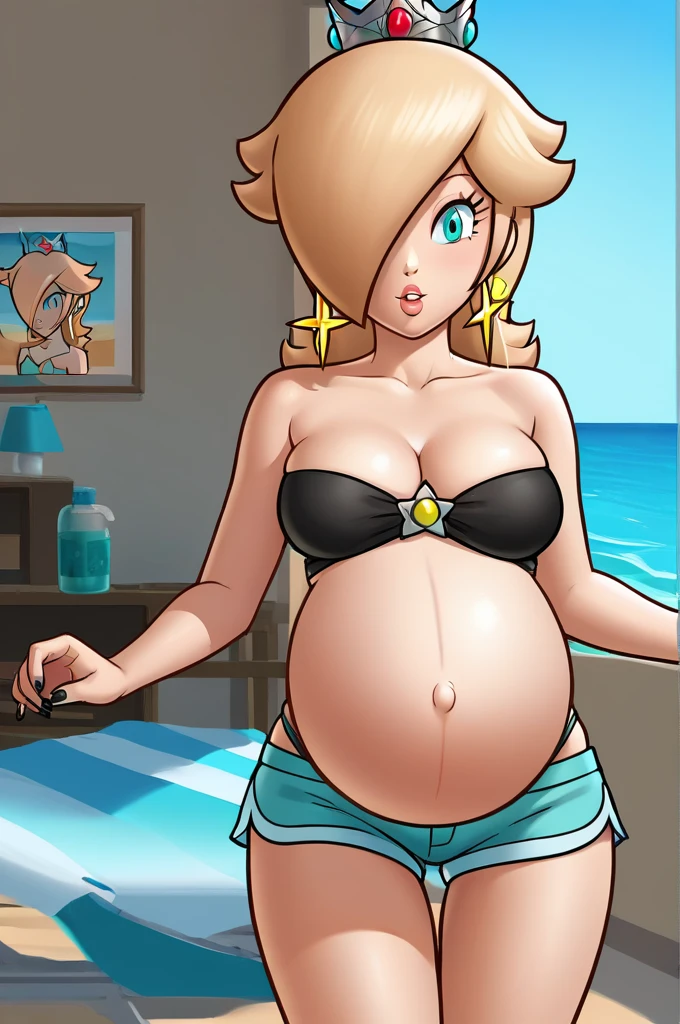 score_9, score_8_up, 1girl, solo, rosalina, style parody, thick outlines, black bikini, shorts, pregnant belly, sleeveless, strapless, cleavage, indoors, beach, front view, black nails