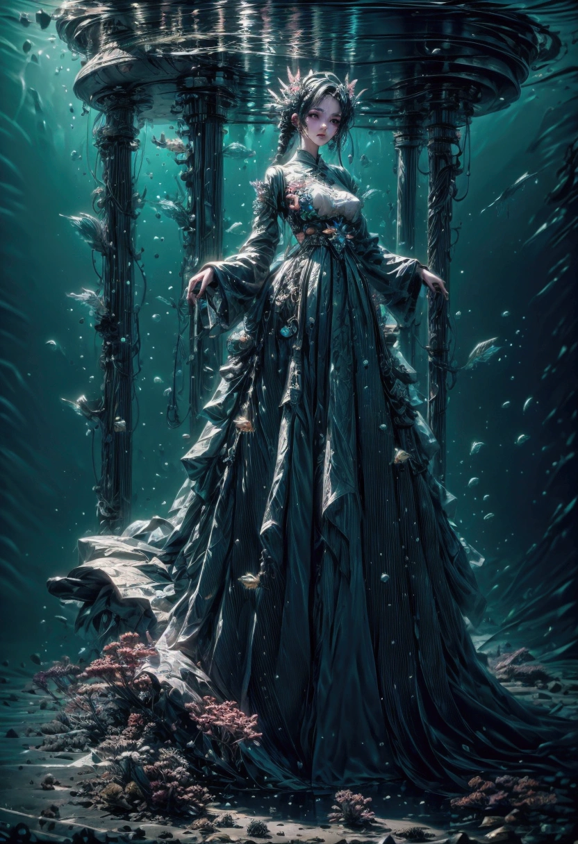 1girll,Wearing a dress，Fantasy dresses，complex dress，dynamicposes，In the mysterious underwater space，Amazing aquatic creatures，with light glowing，

absurderes,  unbelievable Ridiculous,  Ultra-detailed, A high resolution, Extremely detailed,

best qualitiy，masterpiece，Artistically，fanciful，C4D render,