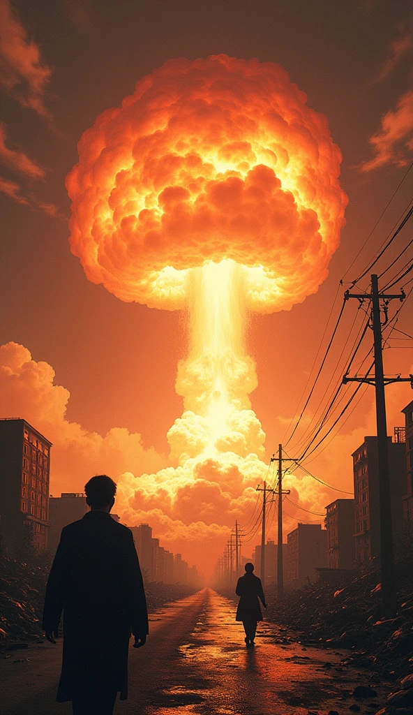 A dramatic scene depicting the moment of the Hiroshima explosion, with a bright flash and a mushroom cloud rising over the city."